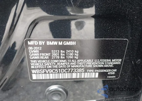 2013 BMW M5 z USA, uszkodzony, nr VIN WBSFV9C51DC773385